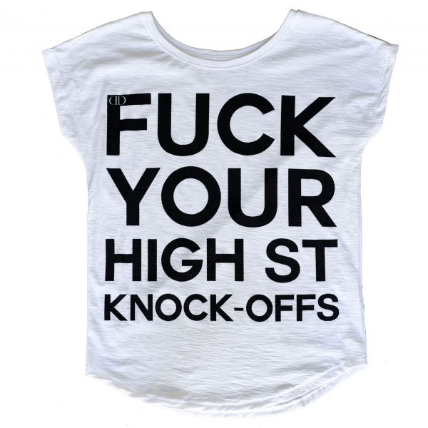 white fuck your high street knock-offs t shirt deportment department